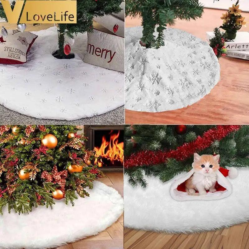 Tapis en forme de flocon de neige pour sapin de Noël, jupe en fourrure blanche pour sapin de Noël, décorations de Noël pour la maison.