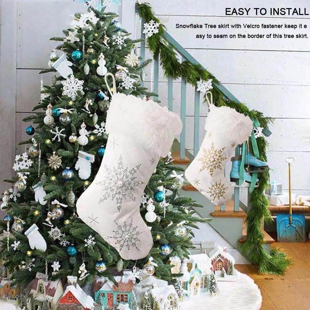 Tapis en forme de flocon de neige pour sapin de Noël, jupe en fourrure blanche pour sapin de Noël, décorations de Noël pour la maison.