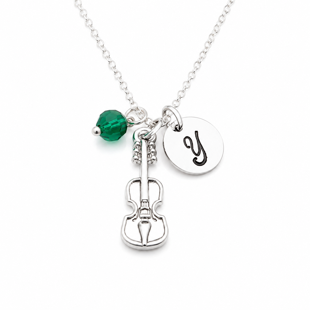 Collier Violon Personnalisé – Argent Sterling avec Pierre de Naissance et Breloque Initiale
