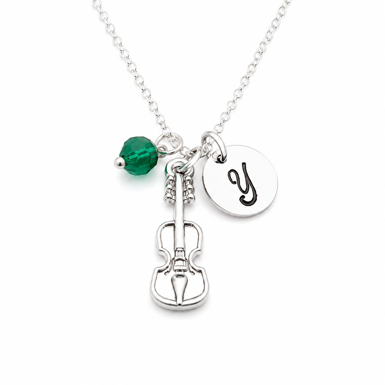 Collier Violon Personnalisé – Argent Sterling avec Pierre de Naissance et Breloque Initiale