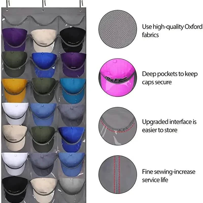 Présentoir mural ou à suspendre pour casquettes de baseball, 24 poches profondes et 3 crochets