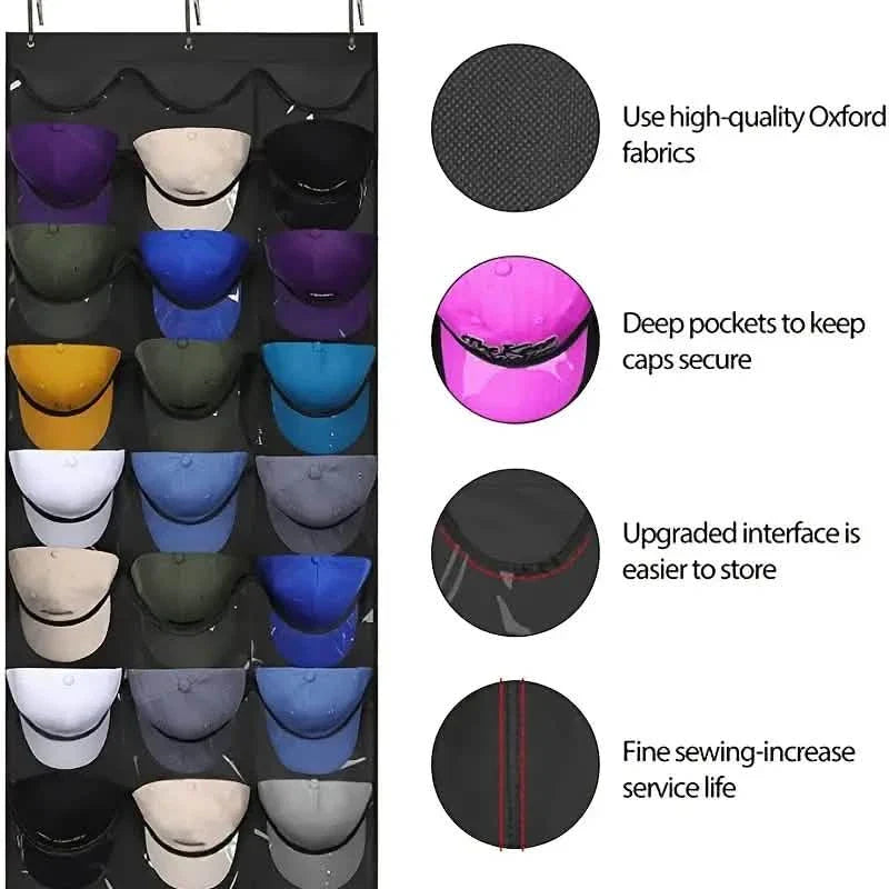 Présentoir mural ou à suspendre pour casquettes de baseball, 24 poches profondes et 3 crochets