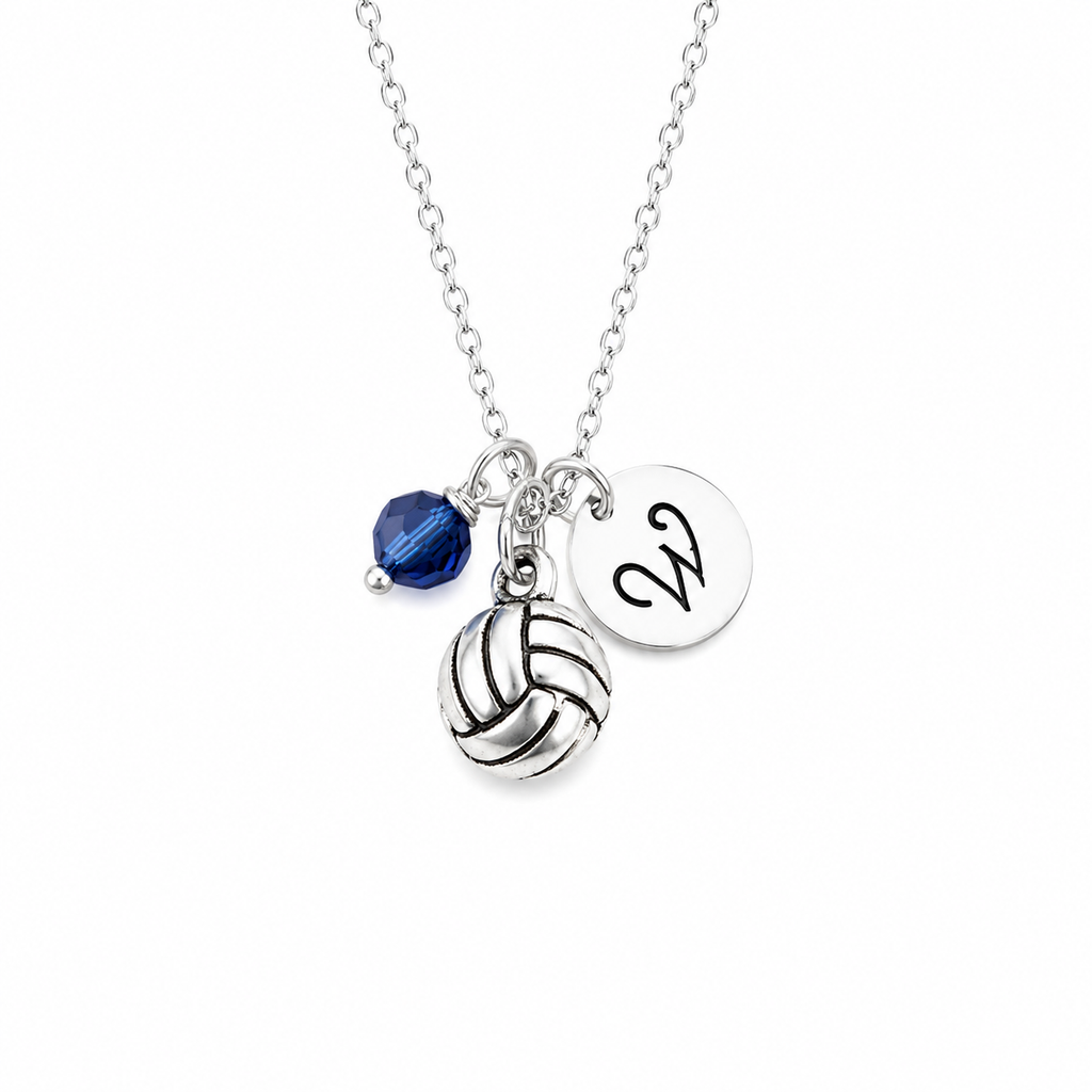 Personalized Volleyball Necklace – Sterling Silver Charm with Birthstone & Initial