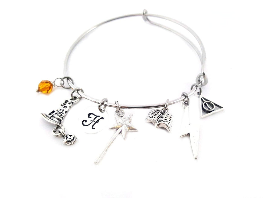 Bracelet breloques de sorcier – Inspiré de Harry Potter avec initiale et pierre de naissance personnalisées