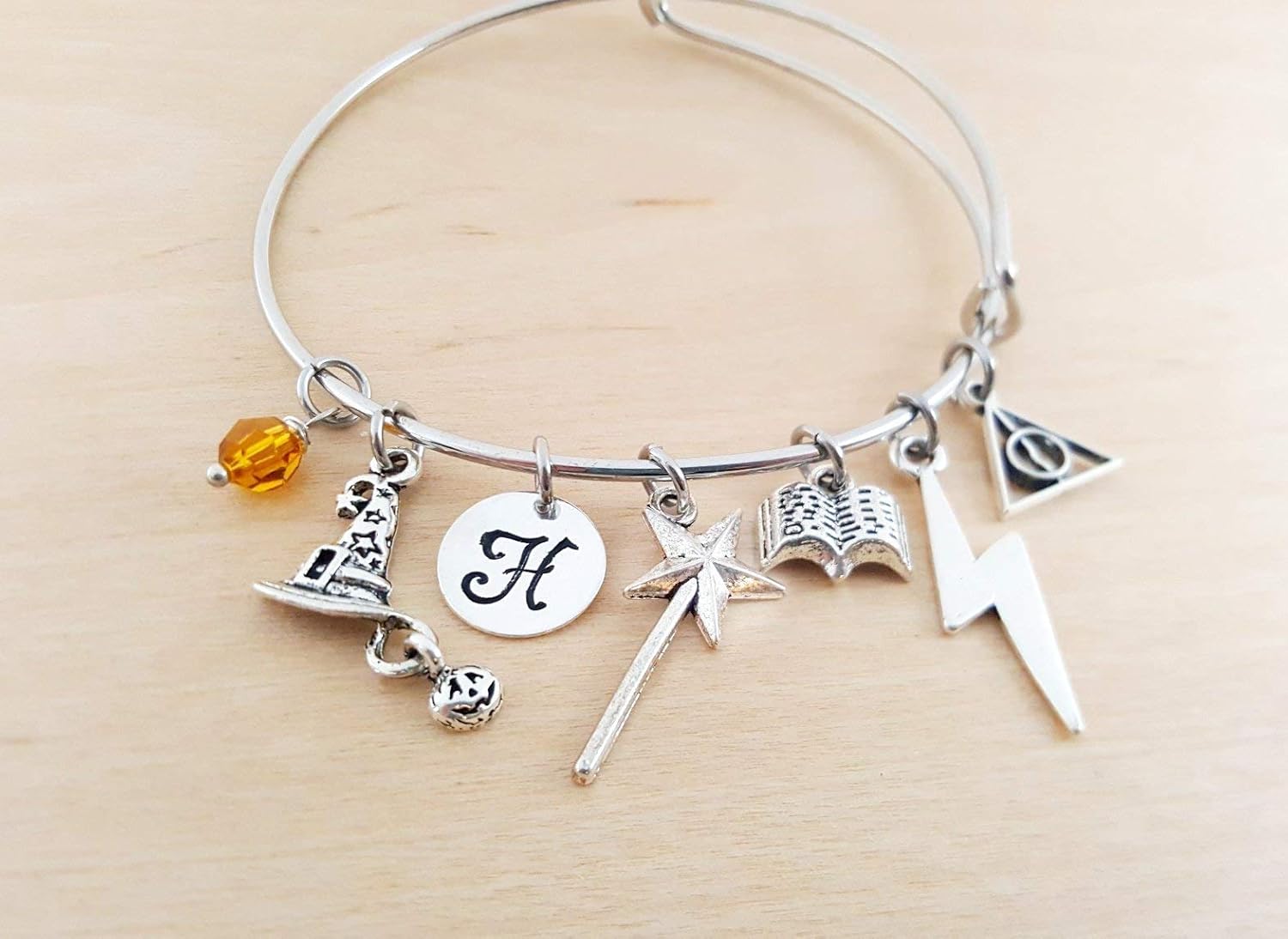 Bracelet breloques de sorcier – Inspiré de Harry Potter avec initiale et pierre de naissance personnalisées