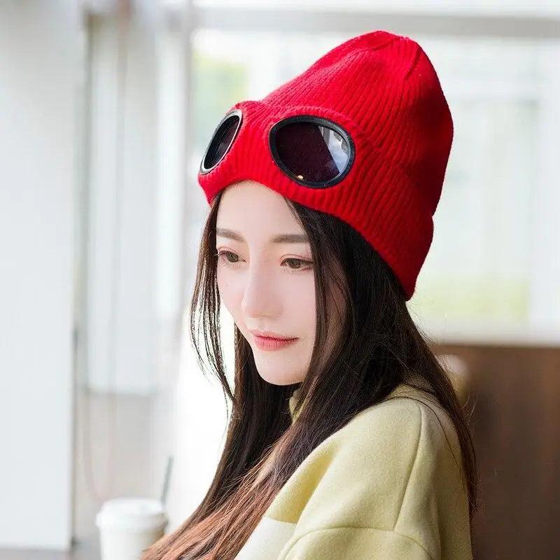 Bonnet en laine tricotée unisexe chaud classique avec lunettes, confortable, élégant, pour l'hiver, casquette de sport d'extérieur pour hommes et femmes, nouvelle mode, casquettes multifonctions