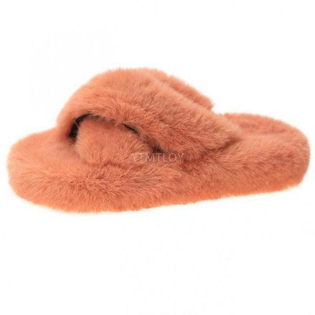 Chaussons Doux et Moelleux en Fourrure pour Femmes, Tongs Plates, Claquettes Poilues, Sandales d'Extérieur, Chaussons Femme Ouverts, Peluche, Bande Croisée, Polaire Confortable, Mousse à Mémoire de Forme, Chaussures d'Intérieur Hiver
