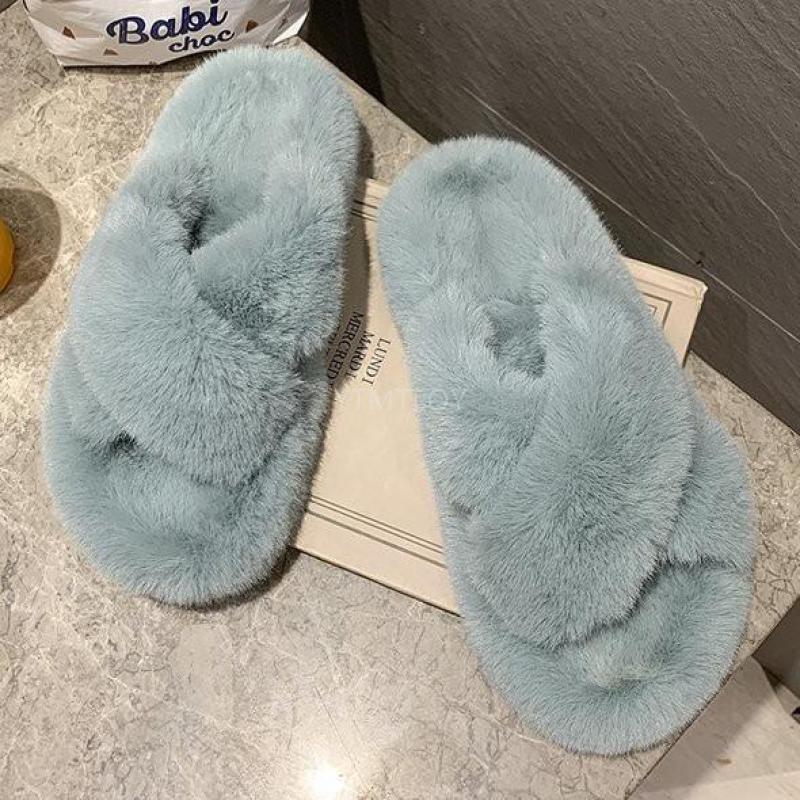 Chaussons Doux et Moelleux en Fourrure pour Femmes, Tongs Plates, Claquettes Poilues, Sandales d'Extérieur, Chaussons Femme Ouverts, Peluche, Bande Croisée, Polaire Confortable, Mousse à Mémoire de Forme, Chaussures d'Intérieur Hiver