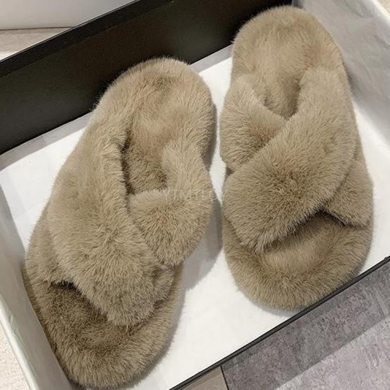 Chaussons Doux et Moelleux en Fourrure pour Femmes, Tongs Plates, Claquettes Poilues, Sandales d'Extérieur, Chaussons Femme Ouverts, Peluche, Bande Croisée, Polaire Confortable, Mousse à Mémoire de Forme, Chaussures d'Intérieur Hiver