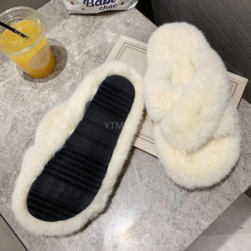 Chaussons Doux et Moelleux en Fourrure pour Femmes, Tongs Plates, Claquettes Poilues, Sandales d'Extérieur, Chaussons Femme Ouverts, Peluche, Bande Croisée, Polaire Confortable, Mousse à Mémoire de Forme, Chaussures d'Intérieur Hiver