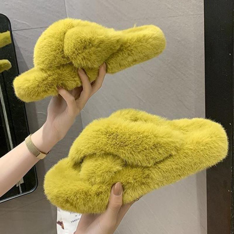 Chaussons Doux et Moelleux en Fourrure pour Femmes, Tongs Plates, Claquettes Poilues, Sandales d'Extérieur, Chaussons Femme Ouverts, Peluche, Bande Croisée, Polaire Confortable, Mousse à Mémoire de Forme, Chaussures d'Intérieur Hiver