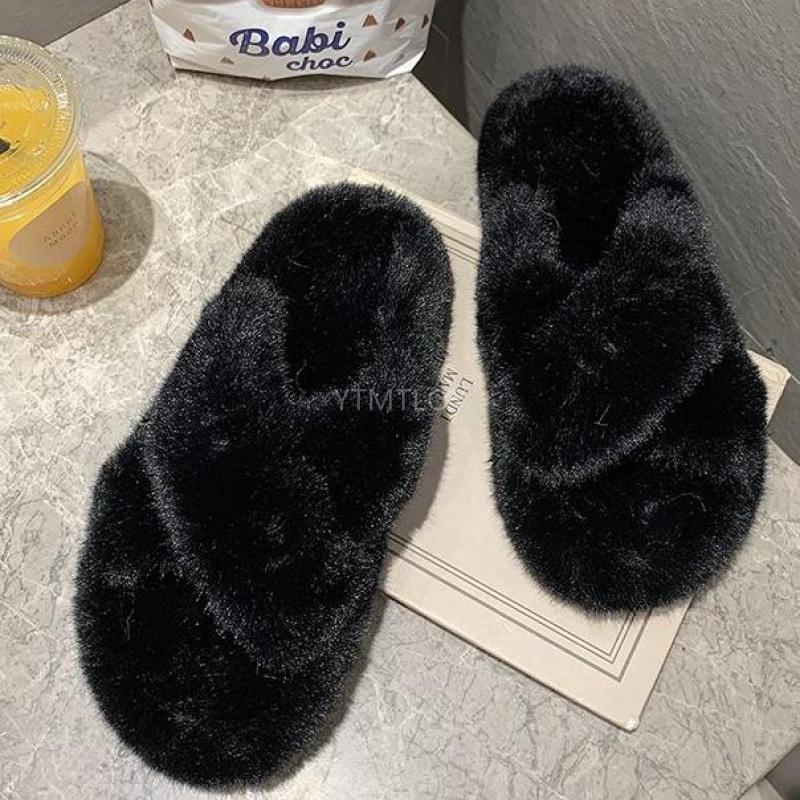 Chaussons Doux et Moelleux en Fourrure pour Femmes, Tongs Plates, Claquettes Poilues, Sandales d'Extérieur, Chaussons Femme Ouverts, Peluche, Bande Croisée, Polaire Confortable, Mousse à Mémoire de Forme, Chaussures d'Intérieur Hiver