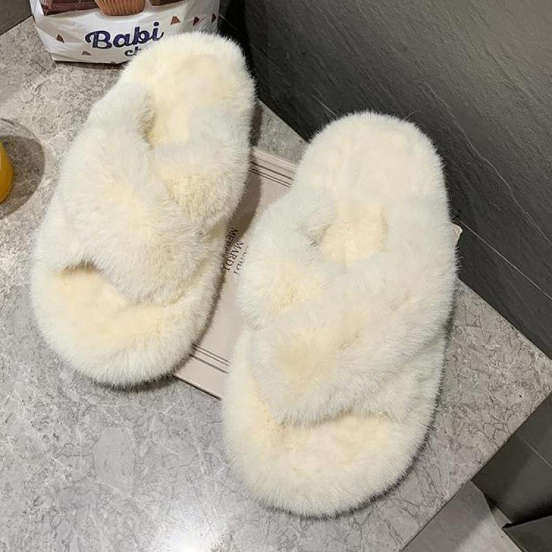 Chaussons Doux et Moelleux en Fourrure pour Femmes, Tongs Plates, Claquettes Poilues, Sandales d'Extérieur, Chaussons Femme Ouverts, Peluche, Bande Croisée, Polaire Confortable, Mousse à Mémoire de Forme, Chaussures d'Intérieur Hiver