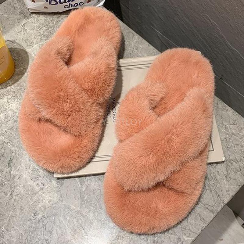 Chaussons Doux et Moelleux en Fourrure pour Femmes, Tongs Plates, Claquettes Poilues, Sandales d'Extérieur, Chaussons Femme Ouverts, Peluche, Bande Croisée, Polaire Confortable, Mousse à Mémoire de Forme, Chaussures d'Intérieur Hiver