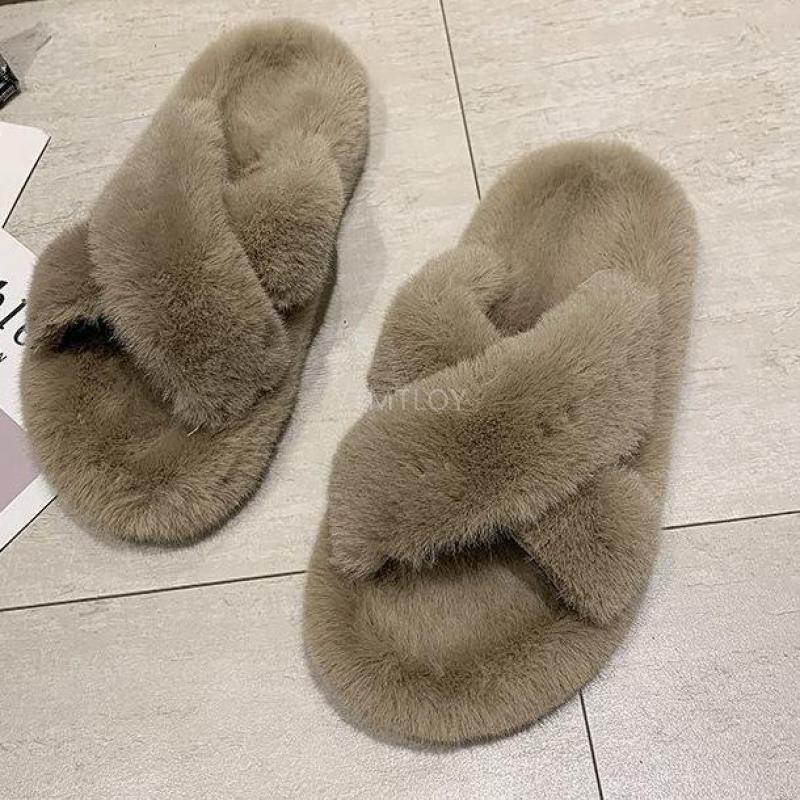 Chaussons Doux et Moelleux en Fourrure pour Femmes, Tongs Plates, Claquettes Poilues, Sandales d'Extérieur, Chaussons Femme Ouverts, Peluche, Bande Croisée, Polaire Confortable, Mousse à Mémoire de Forme, Chaussures d'Intérieur Hiver