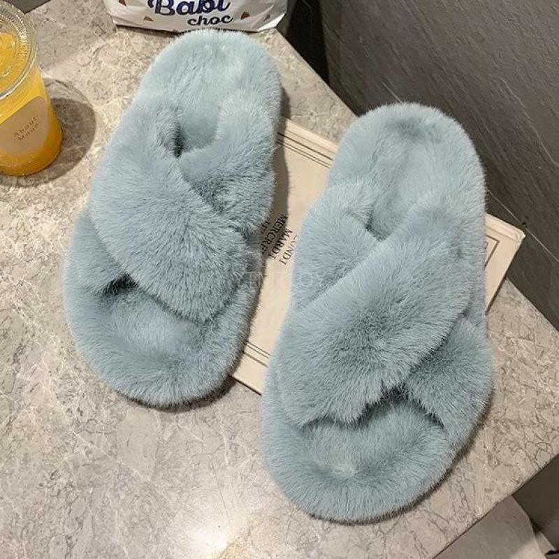 Chaussons Doux et Moelleux en Fourrure pour Femmes, Tongs Plates, Claquettes Poilues, Sandales d'Extérieur, Chaussons Femme Ouverts, Peluche, Bande Croisée, Polaire Confortable, Mousse à Mémoire de Forme, Chaussures d'Intérieur Hiver