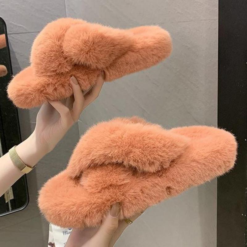 Chaussons Doux et Moelleux en Fourrure pour Femmes, Tongs Plates, Claquettes Poilues, Sandales d'Extérieur, Chaussons Femme Ouverts, Peluche, Bande Croisée, Polaire Confortable, Mousse à Mémoire de Forme, Chaussures d'Intérieur Hiver