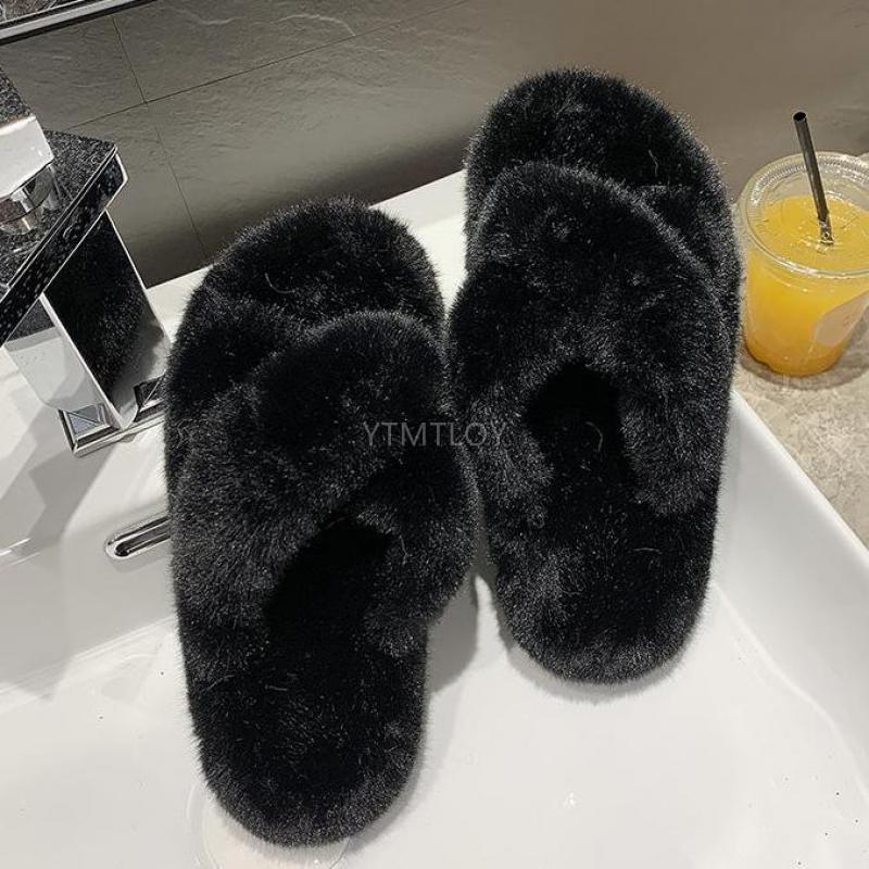 Chaussons Doux et Moelleux en Fourrure pour Femmes, Tongs Plates, Claquettes Poilues, Sandales d'Extérieur, Chaussons Femme Ouverts, Peluche, Bande Croisée, Polaire Confortable, Mousse à Mémoire de Forme, Chaussures d'Intérieur Hiver