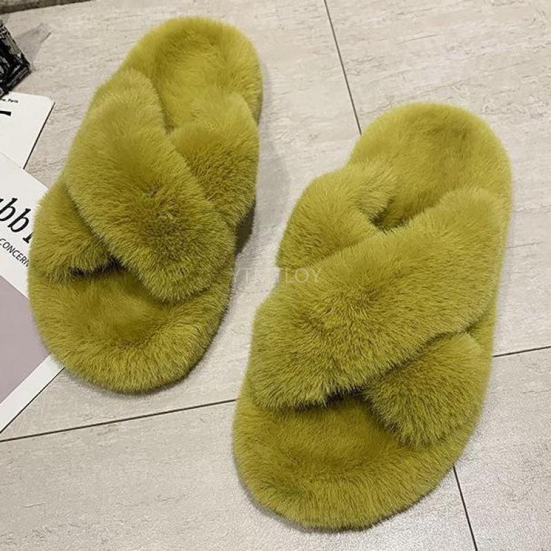 Chaussons Doux et Moelleux en Fourrure pour Femmes, Tongs Plates, Claquettes Poilues, Sandales d'Extérieur, Chaussons Femme Ouverts, Peluche, Bande Croisée, Polaire Confortable, Mousse à Mémoire de Forme, Chaussures d'Intérieur Hiver