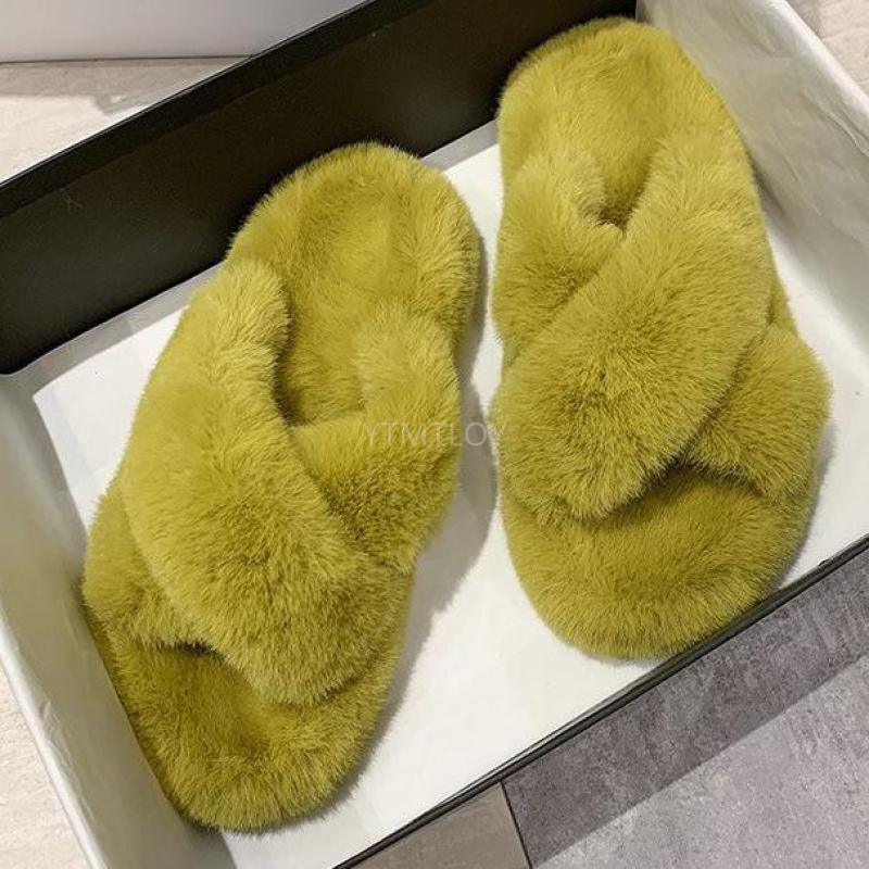 Chaussons Doux et Moelleux en Fourrure pour Femmes, Tongs Plates, Claquettes Poilues, Sandales d'Extérieur, Chaussons Femme Ouverts, Peluche, Bande Croisée, Polaire Confortable, Mousse à Mémoire de Forme, Chaussures d'Intérieur Hiver