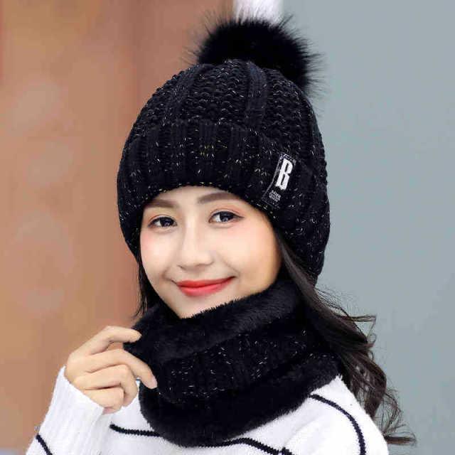 Chapeau tricoté Warm Winter Skellies Bonnet Femme Marque Haute Qualité Hiver Femme Boule Ski Laine Fourrure Chapeau Pompons Chapeaux Écharpe Tricotée Bonnet d'Hiver Femme, Chapeau Doux en Tricot Doublé Polaire avec Pompon