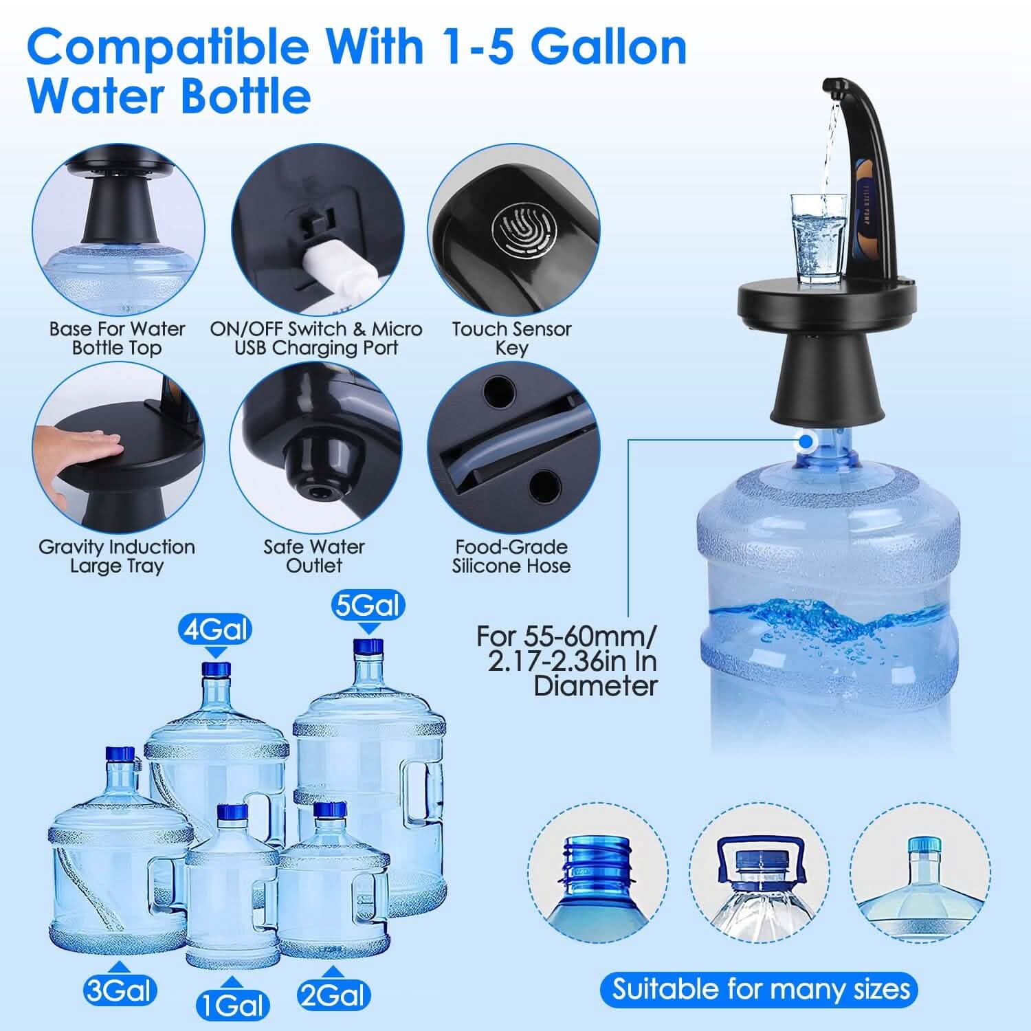Distributeur d'eau Bouteille rechargeable USB Mini cruche d'eau pour les bouteilles d'eau de 1 à 5 gallons