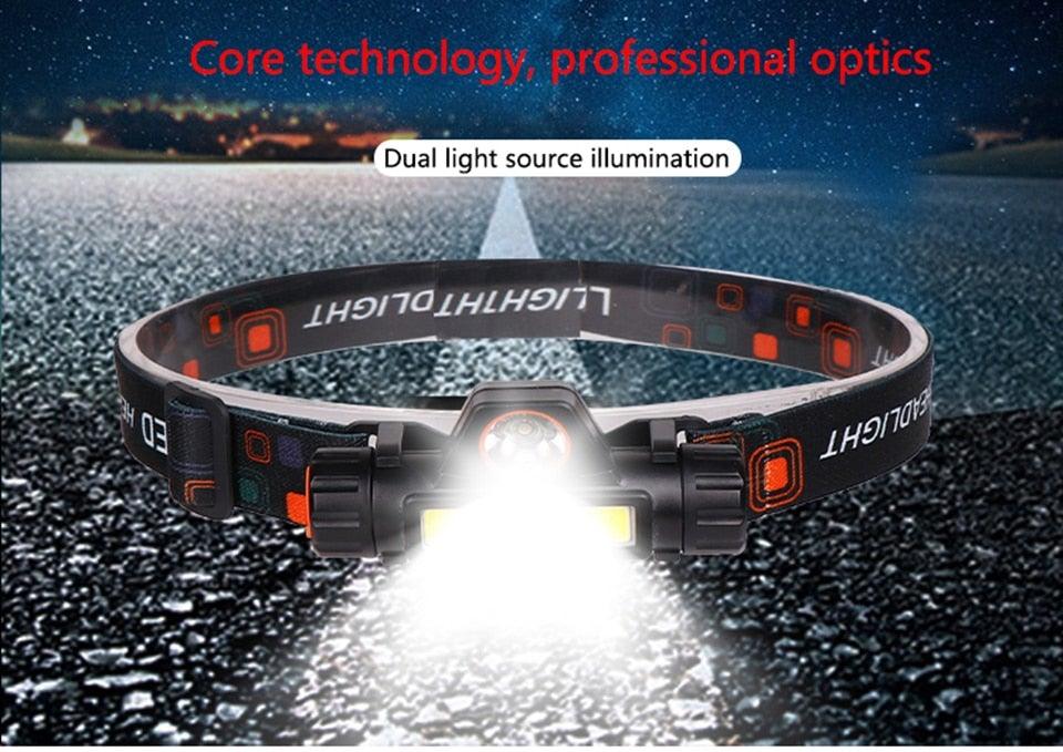 Lampe frontale LED USB étanche 2 modes d'éclairage avec aimant, rechargeable, batterie 18650 intégrée, lampe de poche de travail COB pour le camping, le cyclisme, la pêche