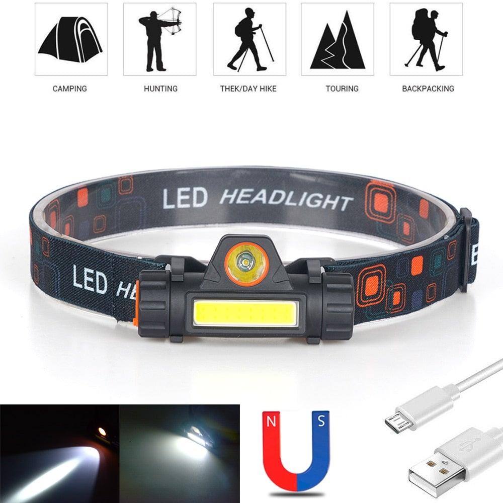 Lampe frontale LED USB étanche 2 modes d'éclairage avec aimant, rechargeable, batterie 18650 intégrée, lampe de poche de travail COB pour le camping, le cyclisme, la pêche