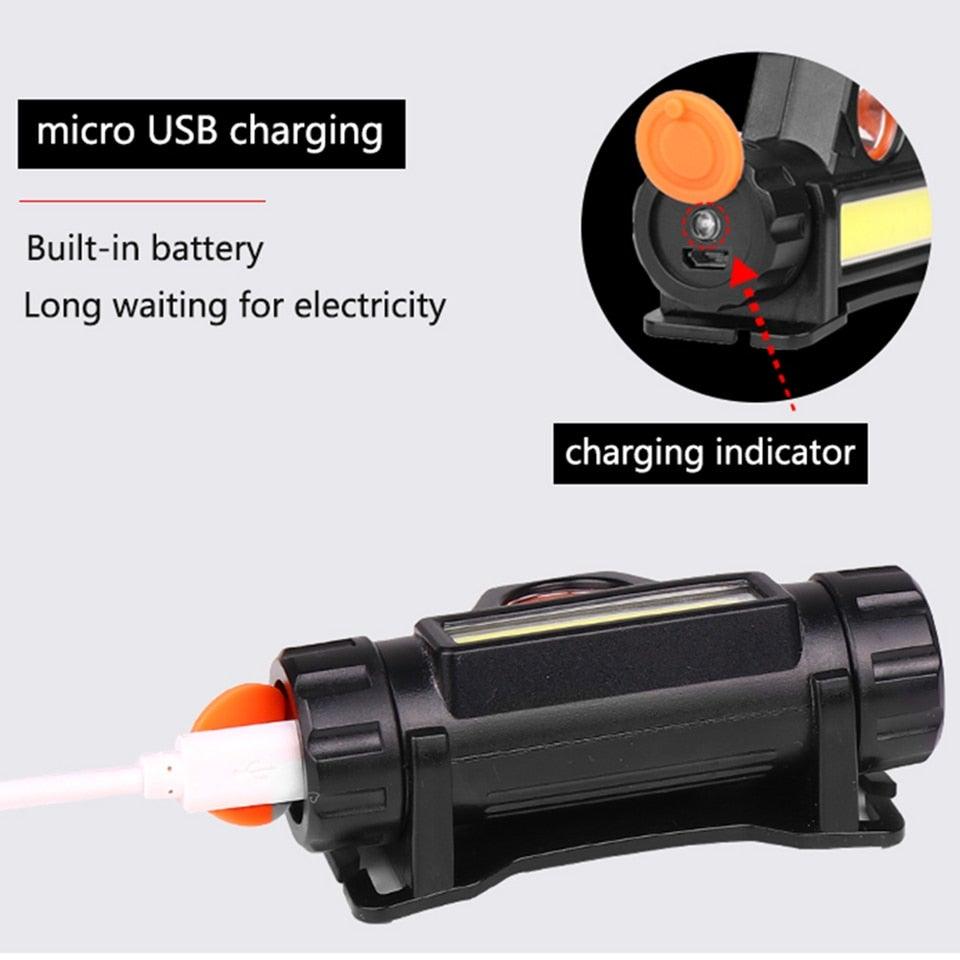 Lampe frontale LED USB étanche 2 modes d'éclairage avec aimant, rechargeable, batterie 18650 intégrée, lampe de poche de travail COB pour le camping, le cyclisme, la pêche