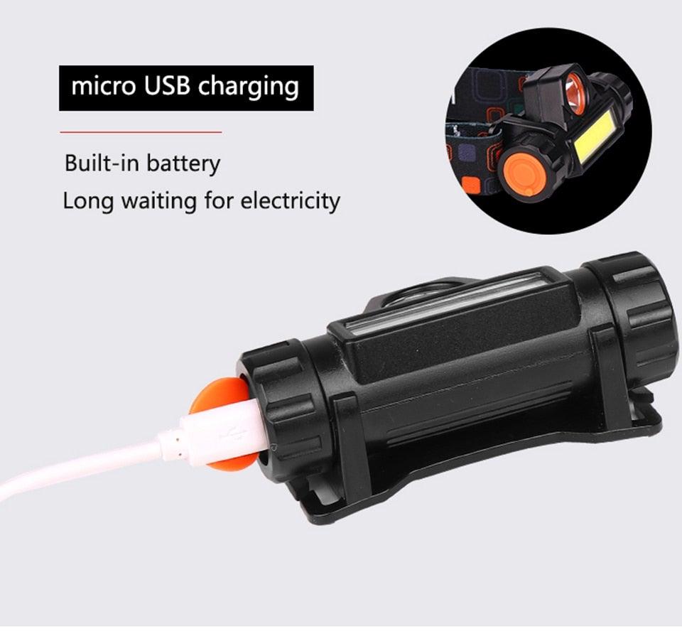 Lampe frontale LED USB étanche 2 modes d'éclairage avec aimant, rechargeable, batterie 18650 intégrée, lampe de poche de travail COB pour le camping, le cyclisme, la pêche