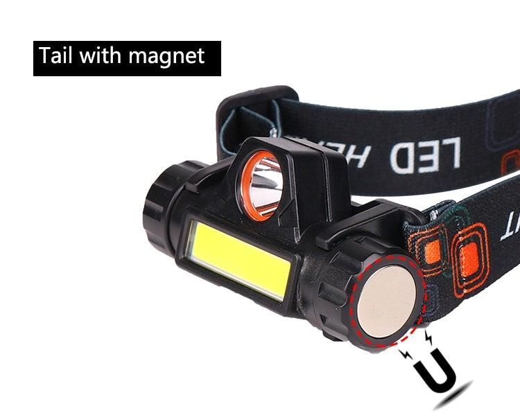 Lampe frontale LED USB étanche 2 modes d'éclairage avec aimant, rechargeable, batterie 18650 intégrée, lampe de poche de travail COB pour le camping, le cyclisme, la pêche