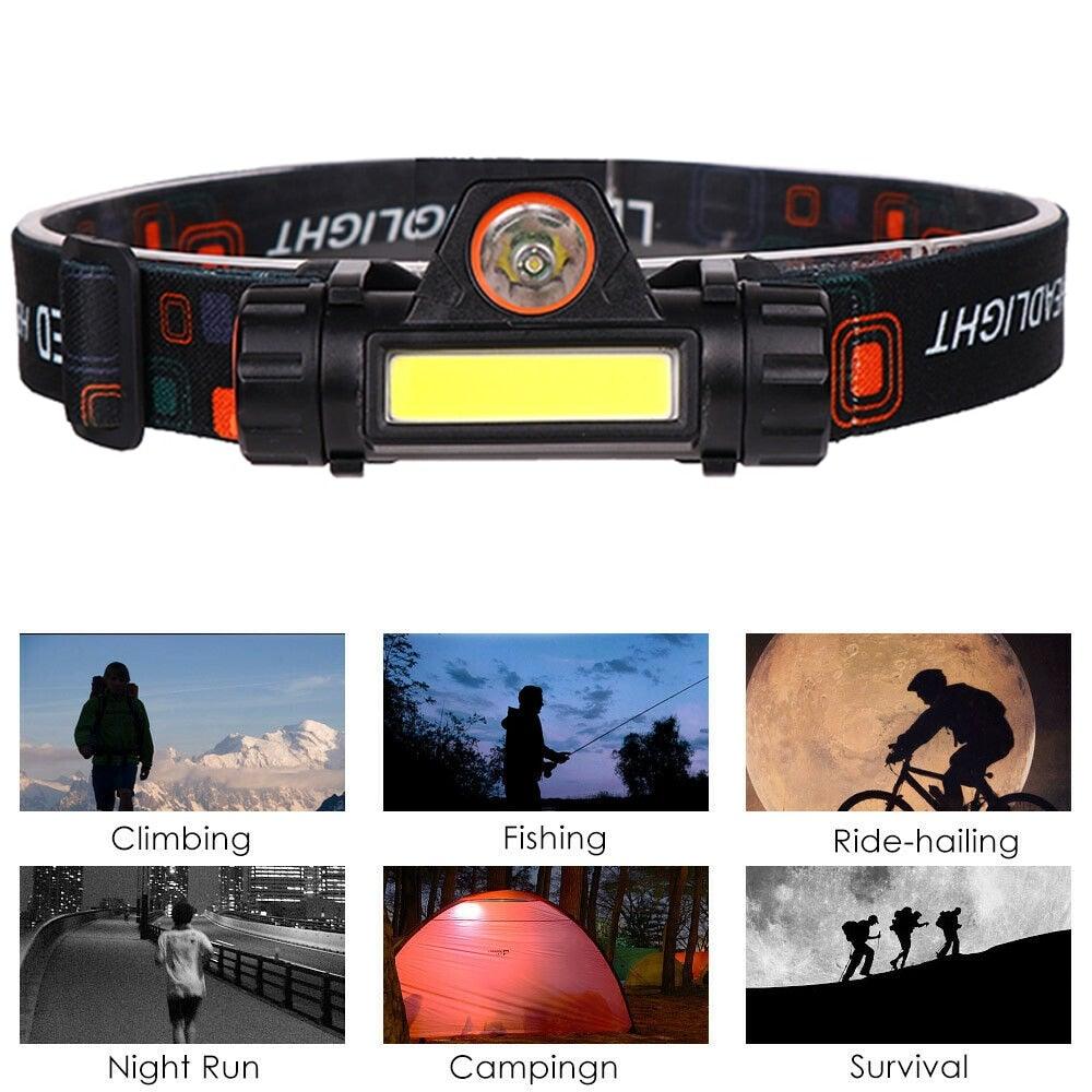Lampe frontale LED USB étanche 2 modes d'éclairage avec aimant, rechargeable, batterie 18650 intégrée, lampe de poche de travail COB pour le camping, le cyclisme, la pêche