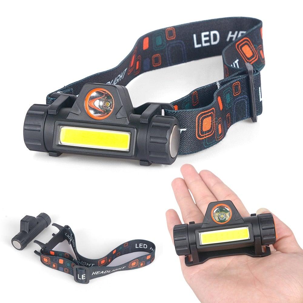 Lampe frontale LED USB étanche 2 modes d'éclairage avec aimant, rechargeable, batterie 18650 intégrée, lampe de poche de travail COB pour le camping, le cyclisme, la pêche