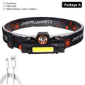 Lampe frontale LED USB étanche 2 modes d'éclairage avec aimant, rechargeable, batterie 18650 intégrée, lampe de poche de travail COB pour le camping, le cyclisme, la pêche