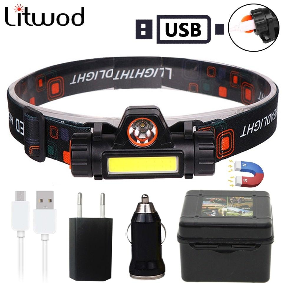 Lampe frontale LED USB étanche 2 modes d'éclairage avec aimant, rechargeable, batterie 18650 intégrée, lampe de poche de travail COB pour le camping, le cyclisme, la pêche