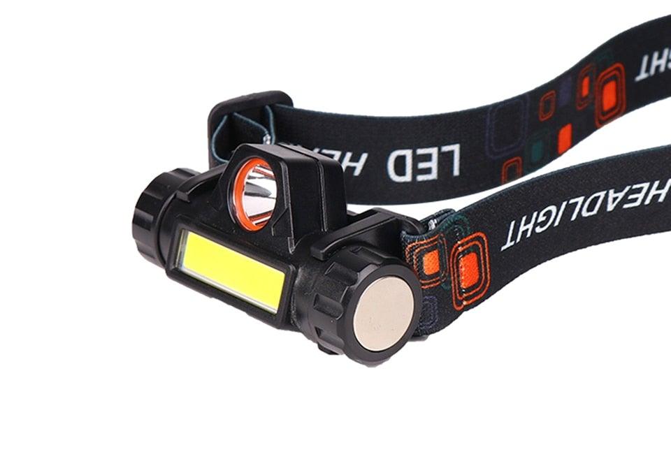 Lampe frontale LED USB étanche 2 modes d'éclairage avec aimant, rechargeable, batterie 18650 intégrée, lampe de poche de travail COB pour le camping, le cyclisme, la pêche
