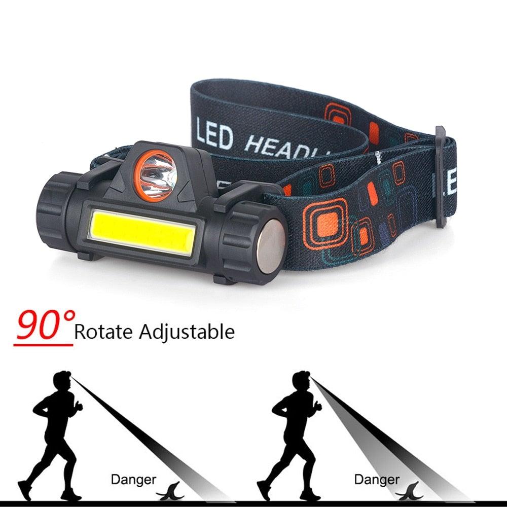 Lampe frontale LED USB étanche 2 modes d'éclairage avec aimant, rechargeable, batterie 18650 intégrée, lampe de poche de travail COB pour le camping, le cyclisme, la pêche