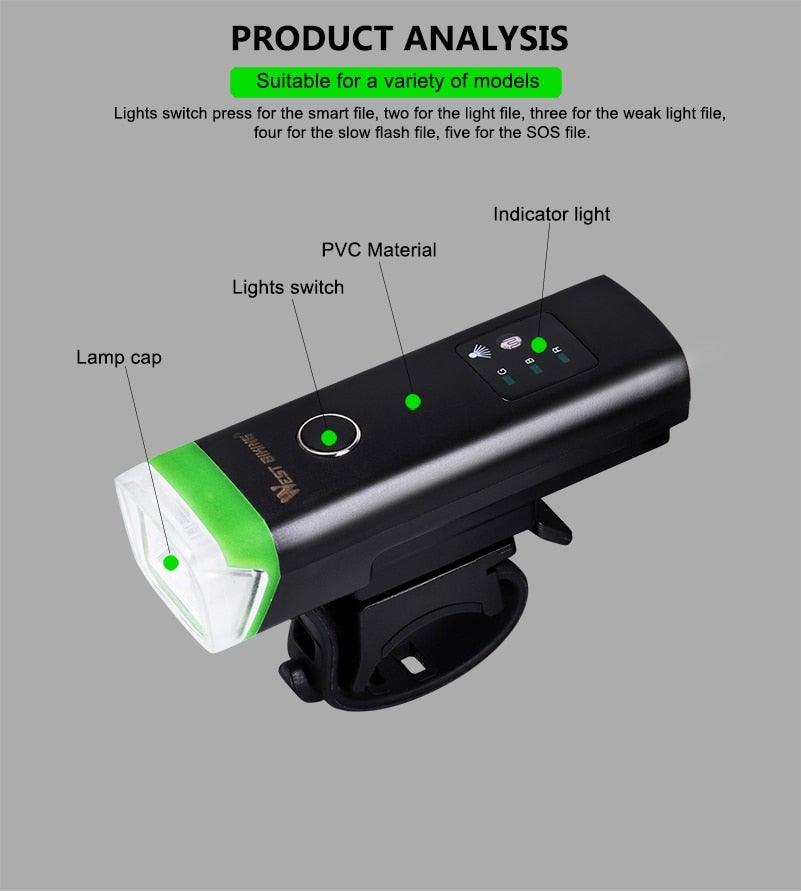 Éclairage de Vélo Étanche Lampe Frontale Intelligente Avec Klaxon USB Rechargeable Phare de Vélo LED Puissant Lumineux pour Adultes, Vélo de Route et Sécurité à Vélo