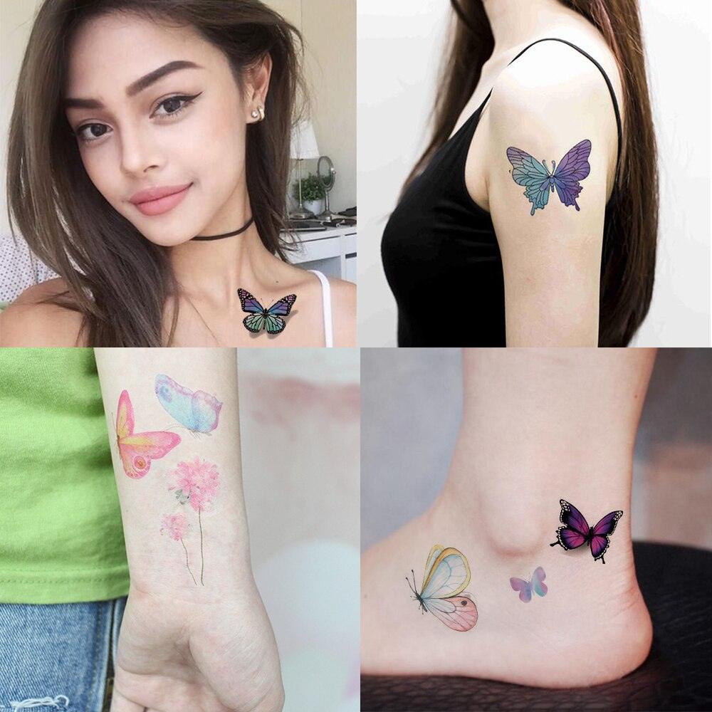Autocollants Temporaires Imperméables Papillons Colorés 3D Tatouages Corporels Styles Variés Pour Femmes