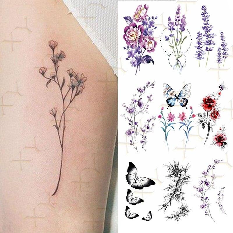Tatouage temporaire imperméable autocollants de lavande papillon fleur petit tatouage de luxe pour le corps et le bras