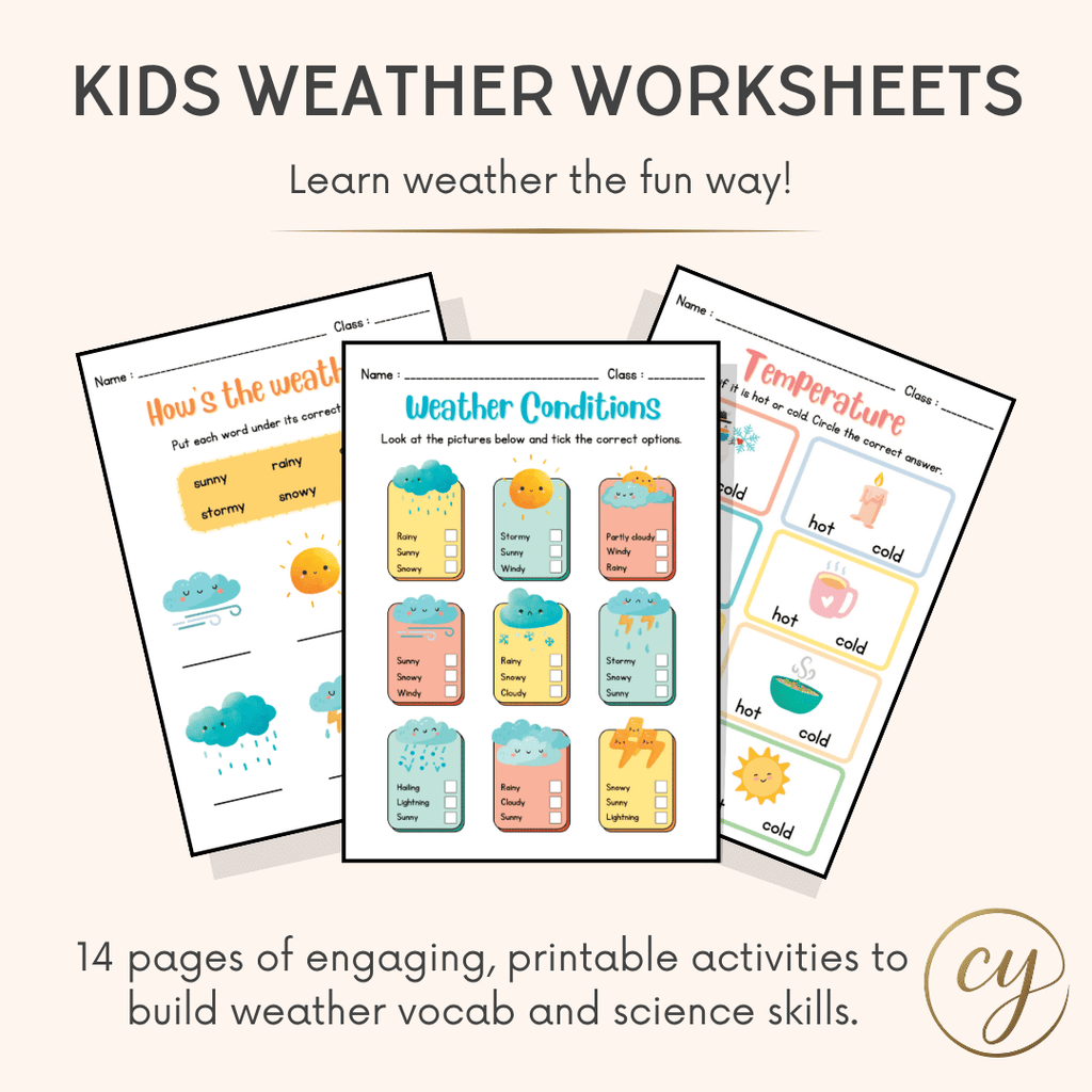 Fiches d'exercices météo imprimables pour enfants – Téléchargement instantané PDF de 14 pages