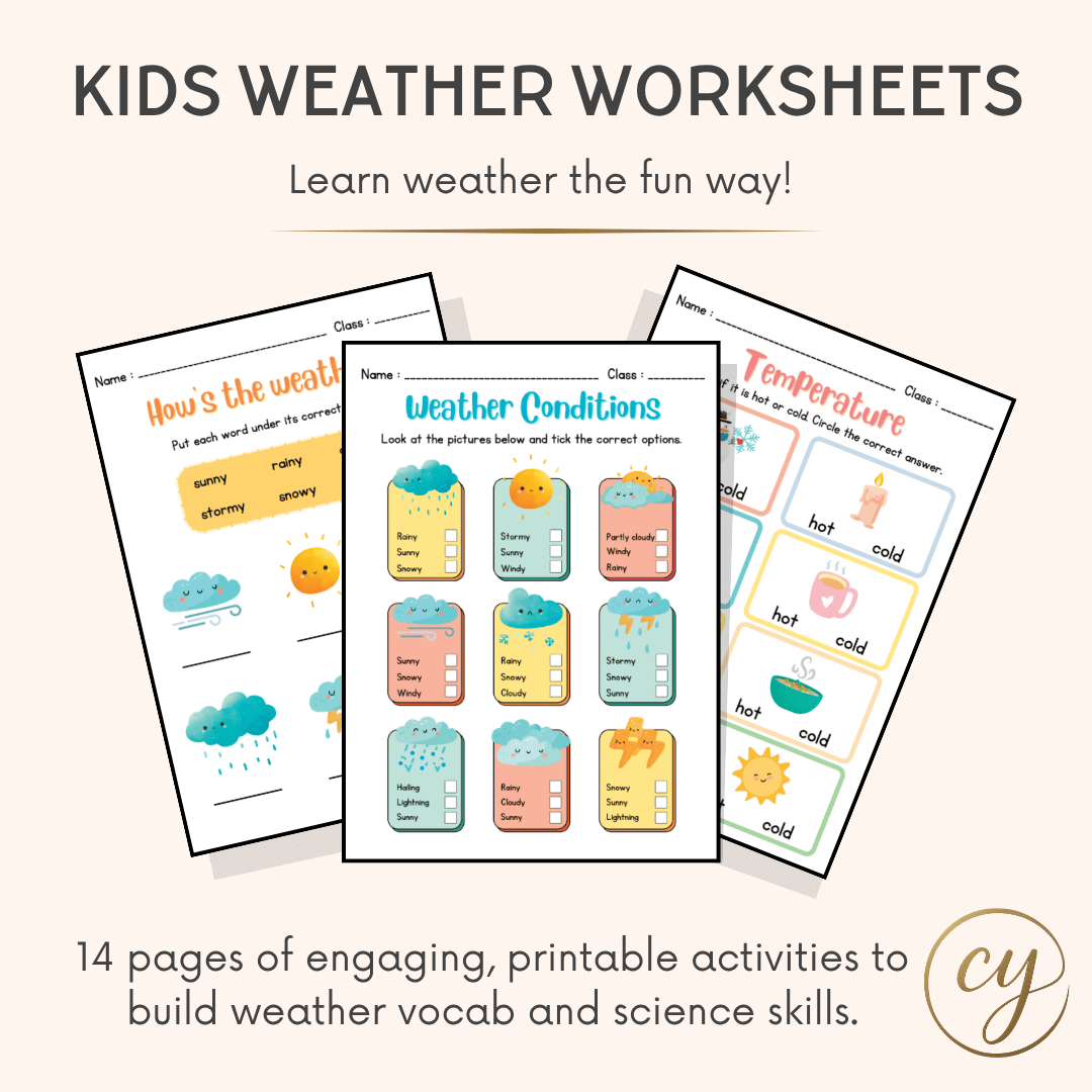 Fiches d'exercices météo imprimables pour enfants – Téléchargement instantané PDF de 14 pages