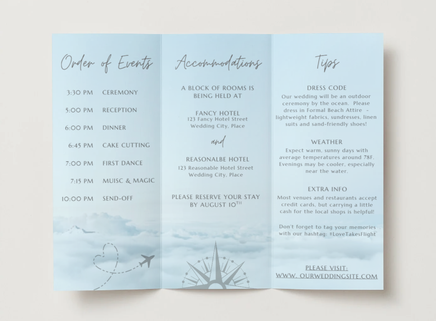 Modèle de brochure d'itinéraire de mariage | Thème de voyage « L'amour prend son envol » | Modifiable dans Canva