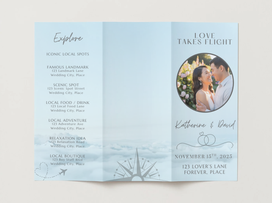 Modèle de brochure d'itinéraire de mariage | Thème de voyage « L'amour prend son envol » | Modifiable dans Canva