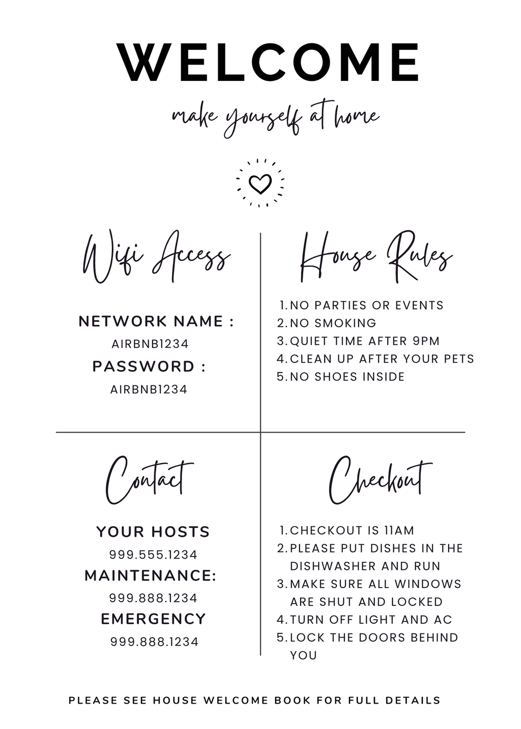 Airbnb & Vrbo Welcome Sign Canva Template – Editable House Rules + WiFi Info
