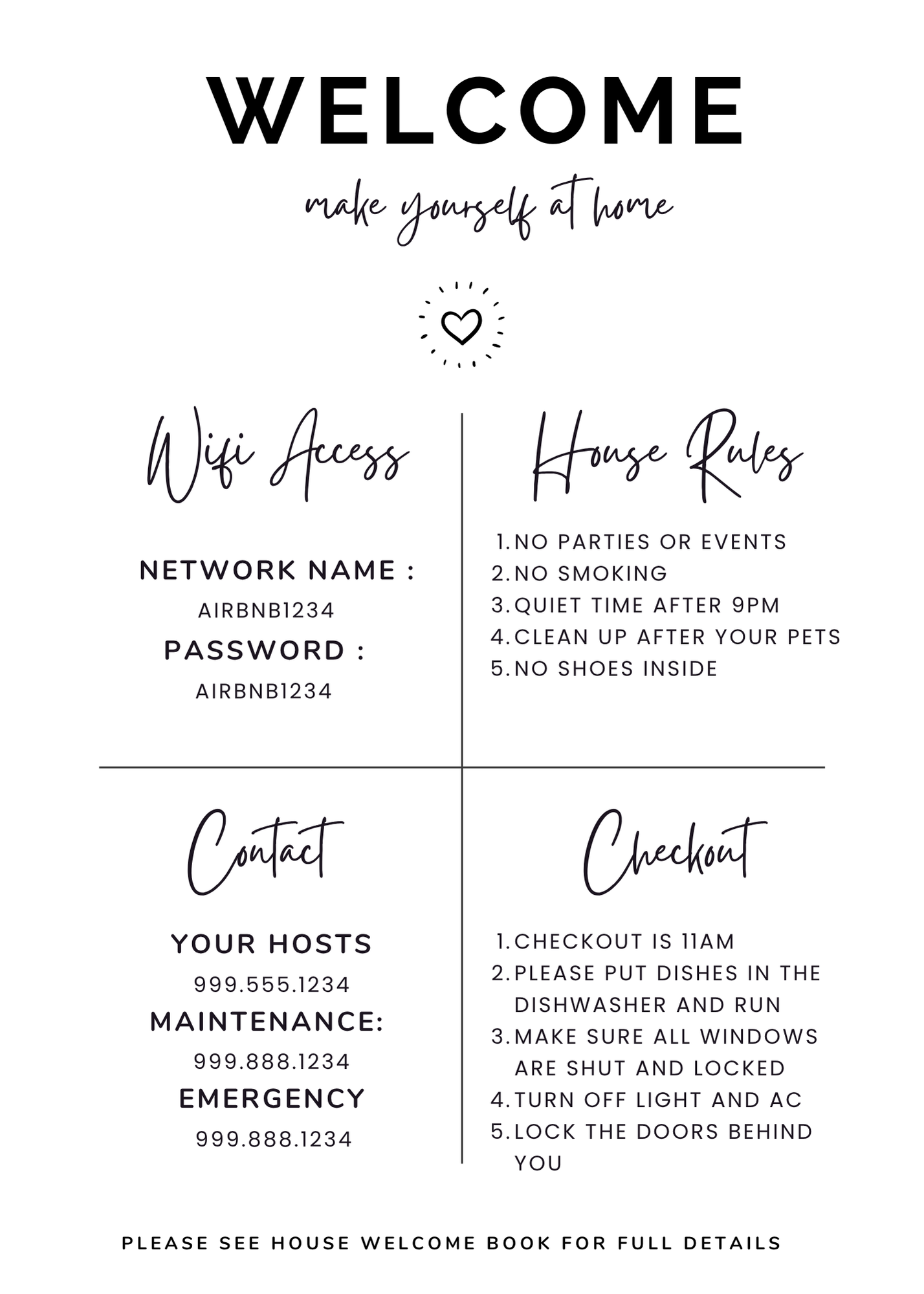 Airbnb & Vrbo Welcome Sign Canva Template – Editable House Rules + WiFi Info