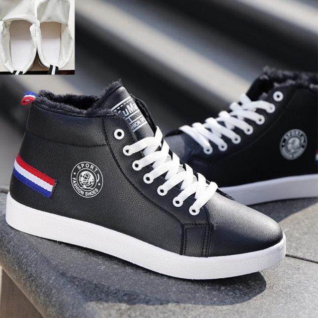 Baskets montantes en cuir confortables pour hommes, chaussures d'hiver en peluche blanches, style tendance, chaussures décontractées, baskets mode, chaussures de marche respirantes et confortables pour hommes