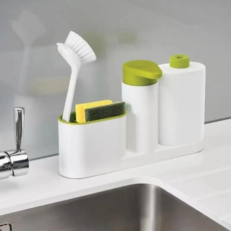 Distributeur de Savon Intelligent Blanc Accessoires de Salle de Bain Distributeur de Savon Liquide Boîte de Rangement Simple avec Réservoir 3 EN 1 Éponge de Nettoyage Support de Brosse Pompe à Savon Gadgets de Cuisine
