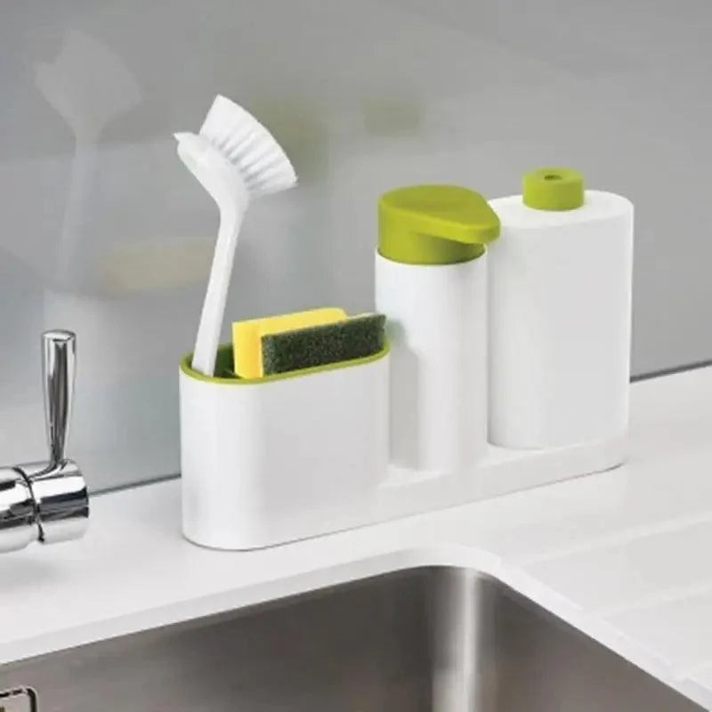 Distributeur de Savon Intelligent Blanc Accessoires de Salle de Bain Distributeur de Savon Liquide Boîte de Rangement Simple avec Réservoir 3 EN 1 Éponge de Nettoyage Support de Brosse Pompe à Savon Gadgets de Cuisine