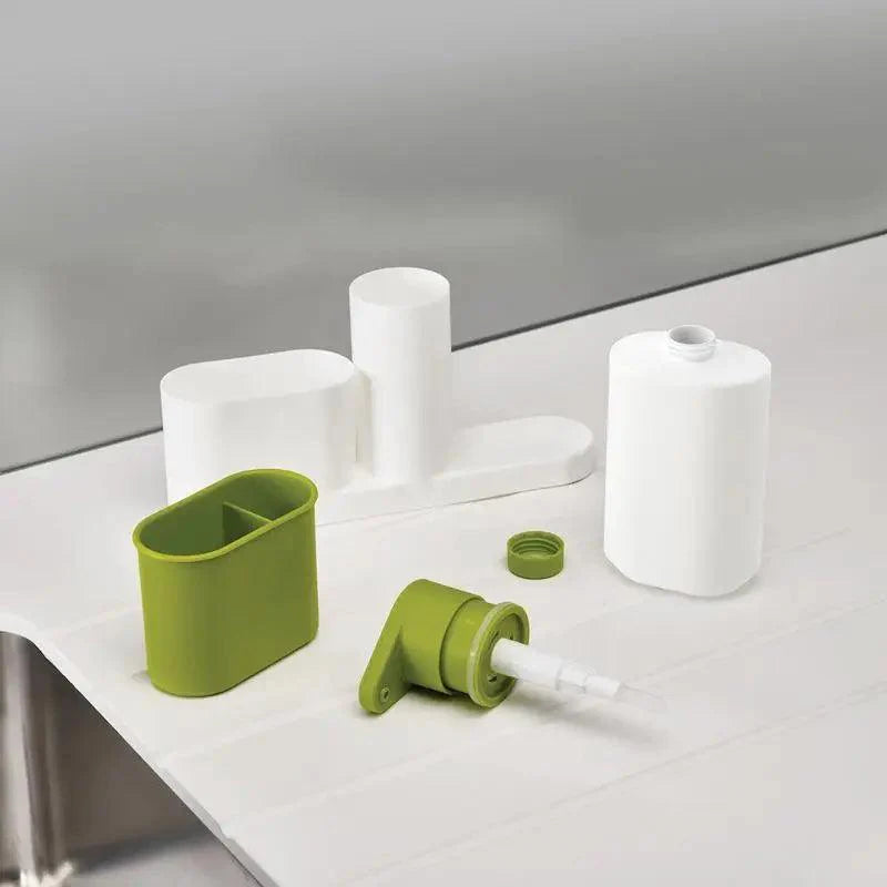 Distributeur de Savon Intelligent Blanc Accessoires de Salle de Bain Distributeur de Savon Liquide Boîte de Rangement Simple avec Réservoir 3 EN 1 Éponge de Nettoyage Support de Brosse Pompe à Savon Gadgets de Cuisine